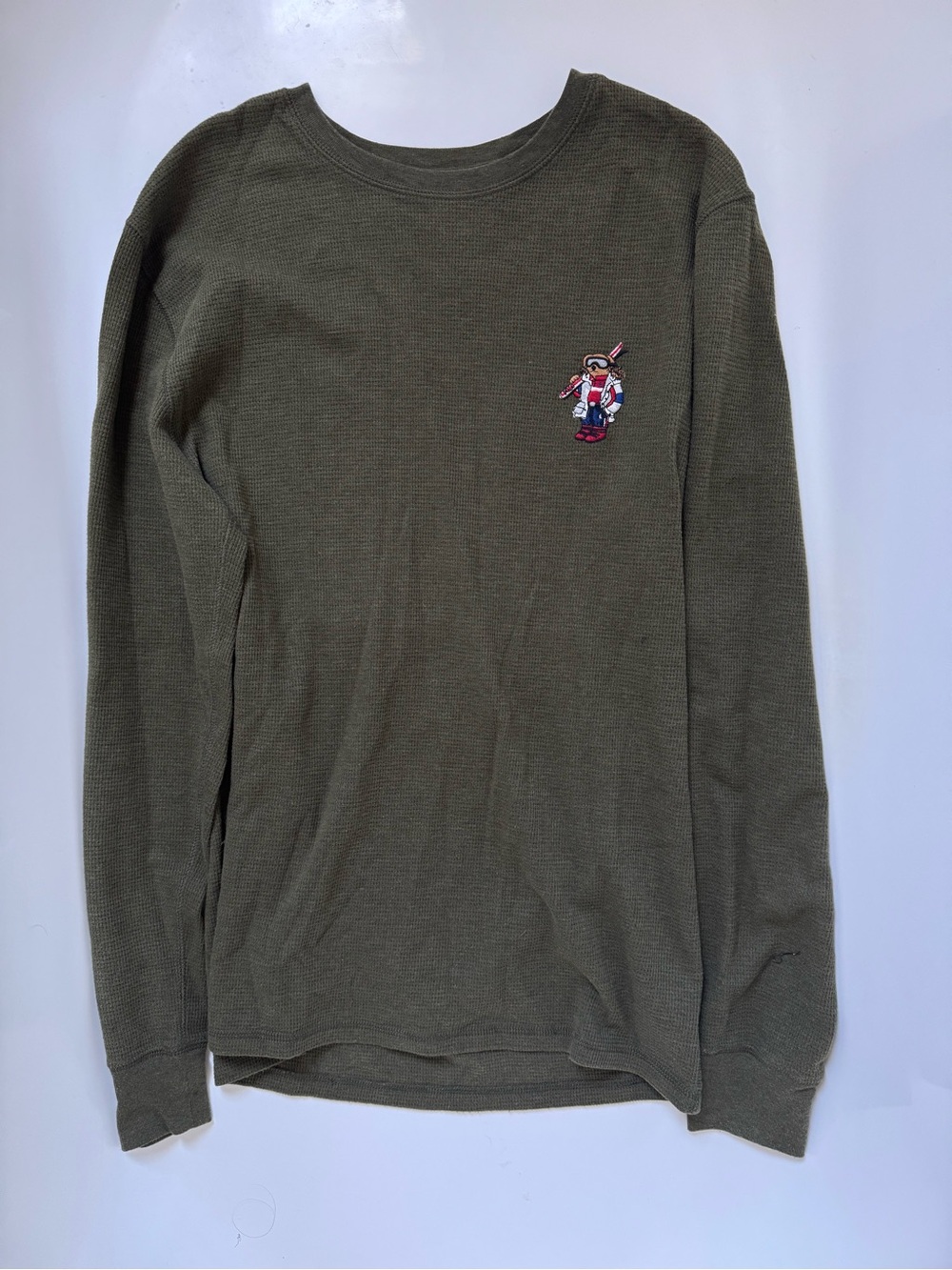 Men's Olive Long-Sleeve Waffle Knit Shirt with Embroidered Character